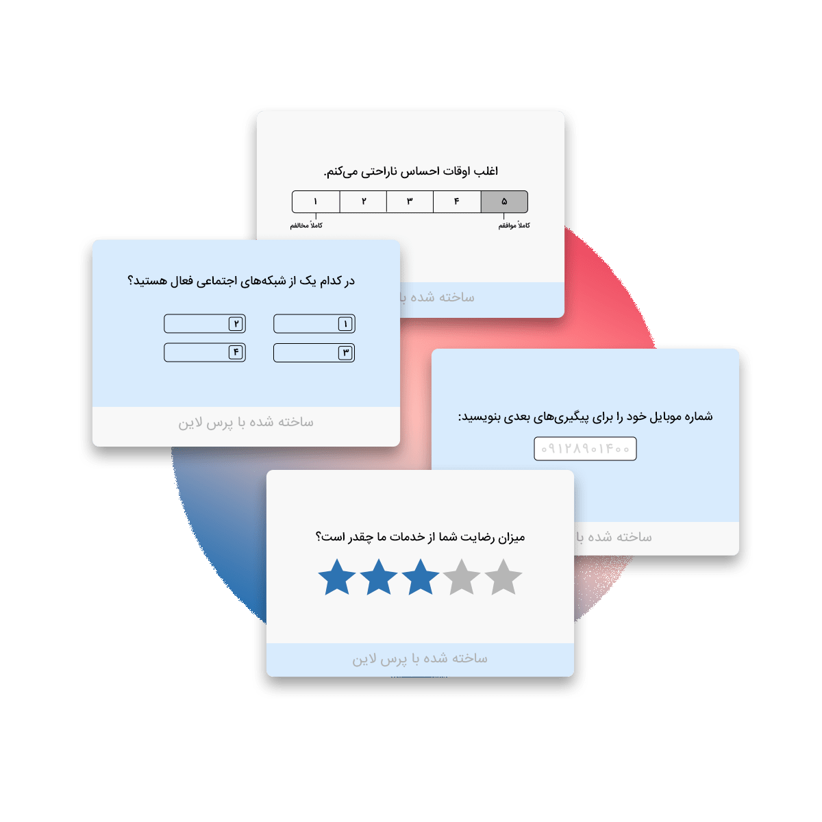 تصویر 2: پنل کاربری طراحی پرسشنامه فارسی با پرس‌لاین و امکان ساخت پرسش های طیف لیکرت، تستی و تشریحی